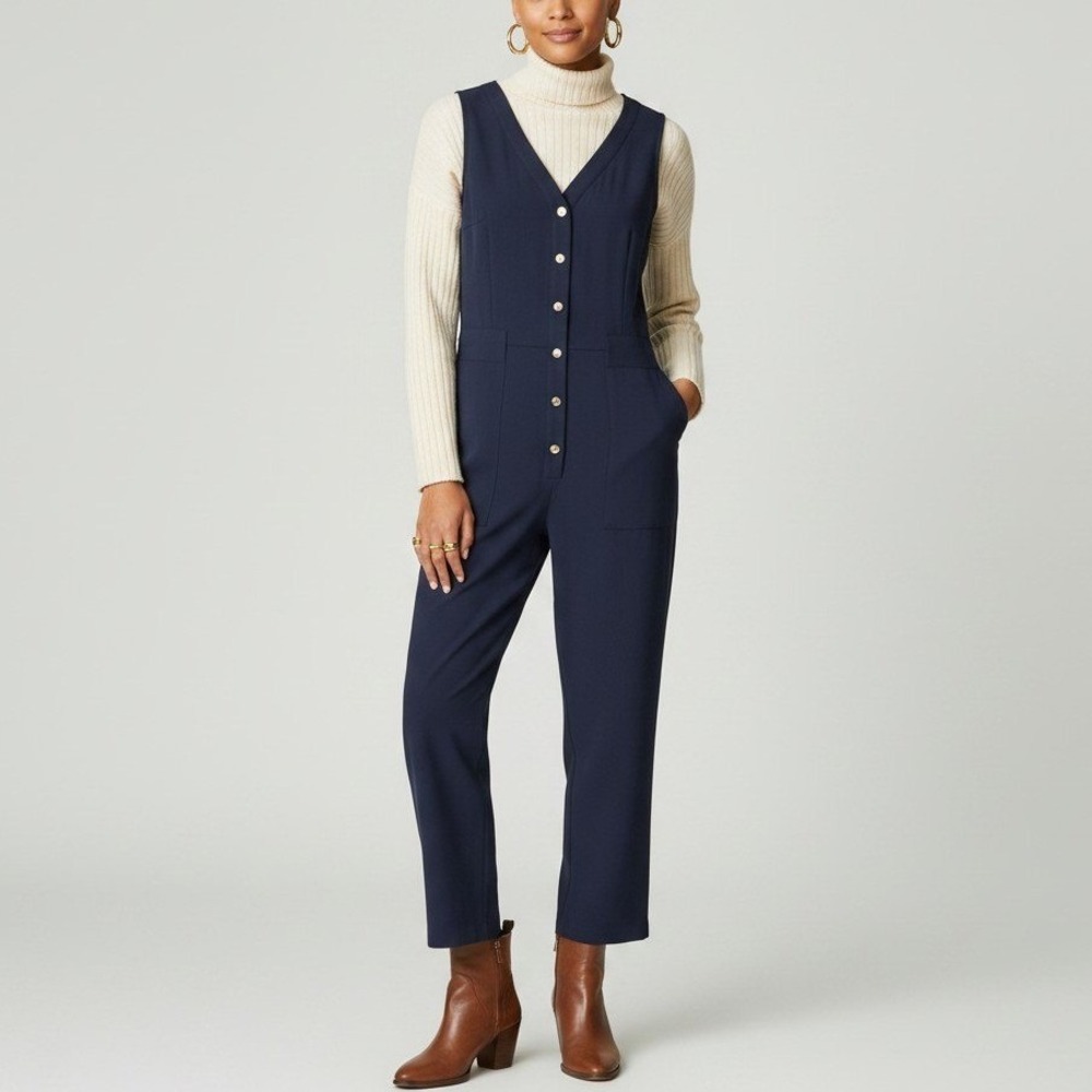 A New Day M Button Front Utility Jumpsuit Navy Blue Coastal Summer Officewear